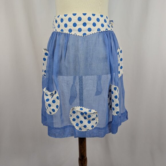 Gingham Girl Vintage Semi Sheer Tie Back Half Apron Pocket Polka Dot Blue 1970s - Picture 1 of 8